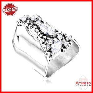 Sterling Silver Shield Ring Cubic Zirconia Vintage Statement Jewelry Women